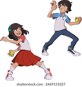 Ein Mädchen und ein Junge, die sich spielerisch mit Bällen bewerfen