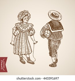 Girl boy traditionally dressed victorian old fashion dress suit hat skipping rope set. Engraving style pen pencil crosshatch hatching paper painting retro vintage vector lineart illustration