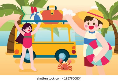 Girl and Boy Travel, Camping and Play On The Beach By Car in Summer, Vector, Illustration