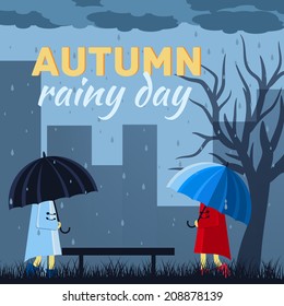 Girl and boy with umbrella in a autumn raining day background concept. Vector illustration design