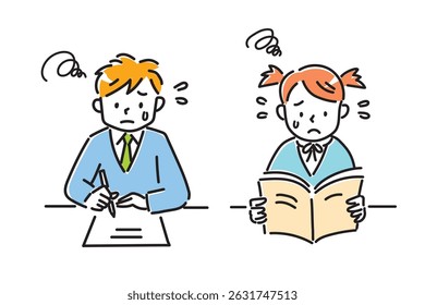 A girl and a boy in uniform struggling with their studies