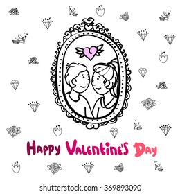 Girl and boy. Valentines day. Postcard.