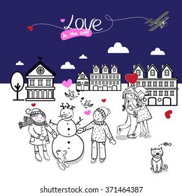 Girl and boy. Valentines day. Postcard. Love in the city