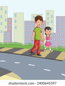 Niña y niño caminando por el sendero sosteniendo manos en la ilustración vectorial de las manos