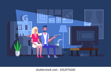 A girl and a boy are watching a cheerful movie at home on a leather sofa Vector illustration in flat style.