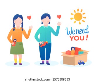 Girl and boy waving with love. Lettering inscription We need you. Vector stock flat illustration