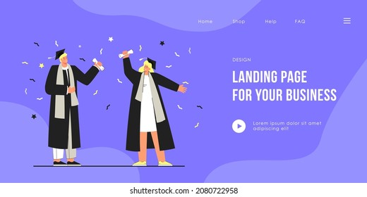 Girl and boy wearing academic gown celebrating graduation. Flat vector illustration of male and female university students with diplomas. Education, celebration, party concept.