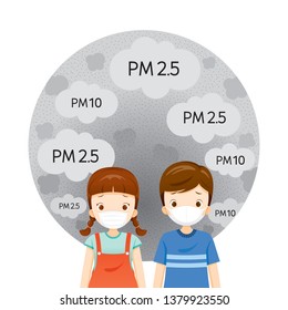 Girl And Boy Wearing Air Pollution Mask For Protect Dust PM2.5, PM10, Smoke, Smog, Respiratory, Environment, Health, Breath