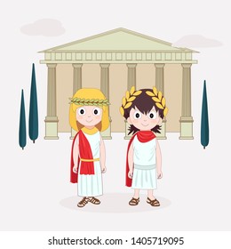 Girl and boy wearing ancient costume. Ancient Rome for children. Vector illustration with Temple and trees on background.