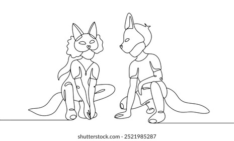 A girl and a boy wearing animal masks are sitting in an animal pose. Adolescents' passion for imitating animal behavior. Vector illustration for different uses.