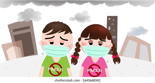 Girl and boy are wearing a mask to protect against germs, viruses and dust.