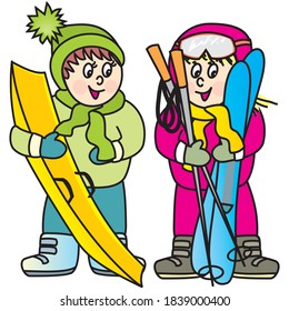 girl and boy, winter sports activity, vector illustration