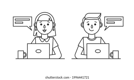 Girl and boy working with a laptop computer. Set of icons of a female and male secretary, teacher or office worker. Outline vector illustration isolated on white background