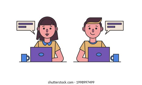 Girl and boy working with a laptop computer. Set of icons of a female and male secretary, teacher or office worker. Outline color vector illustration isolated on white background
