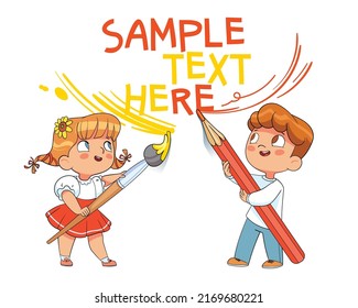 Girl and Boy write big text on the wall. Colorful cartoon characters. Funny vector illustration. Isolated on white background