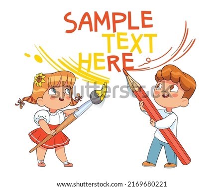 Girl and Boy write big text on the wall. Colorful cartoon characters. Funny vector illustration. Isolated on white background