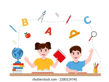 girl and boy are writing, kids doing homework, . Cartoon cute little boy in red shirt Siting on the desk. The concept of learning age.  eps 10