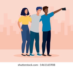 girl and boys with casual clothes and selfie with smartphone
