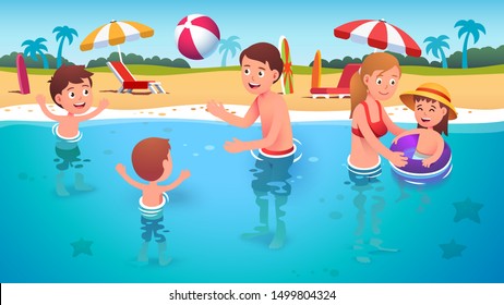 Girl, boys children, man, woman enjoying beach ball game, swimming with ring in sea water. Kids, parents having fun playing together in summer ocean. Family vacation flat vector character illustration