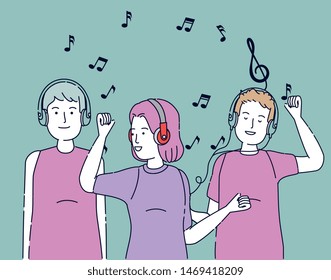 girl and boys enjoying with headphones technology
