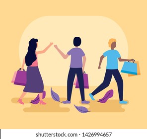 girl and boys holding shopping bags leaves decoration vector illustration