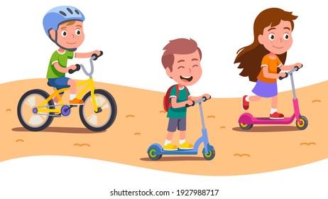 Girl, boys kids cyclists enjoying riding bicycle and kick scooters on path. Happy children riders cartoon characters having fun. Sports, transportation entertainment. Flat vector isolated illustration