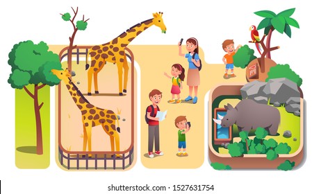 Girl & boys kids & parents taking photos, feeding animals in zoo. Families with children enjoying visiting zoo watching giraffes, rhinoceros, parrot. Parenting & nature. Flat vector illustration