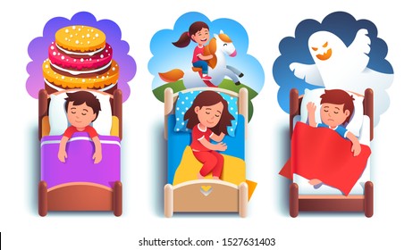 Girl, boys kids sleeping in beds dreaming about cake, horse riding, having good & bad ghost dream. Children cartoon characters lying in beds. Childhood fantasy & imagination. Flat vector illustration