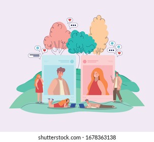 Girl And Boys Pictures Trees Bubbles And People With Smartphones Design, Youth Culture Cool Person Human Profile And User Theme Vector Illustration