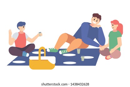 Girl and boys talking drinking eating at picnic. Woman and men smiling having lunch outdoor. Summer or spring leisure in nature. Happy friends having fun outside. Flat cartoon vector illustration