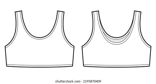 Girl bra technical sketch illustration. Casual underclothing. Women's yoga underwear design template. Front and back views. Vector CAD design