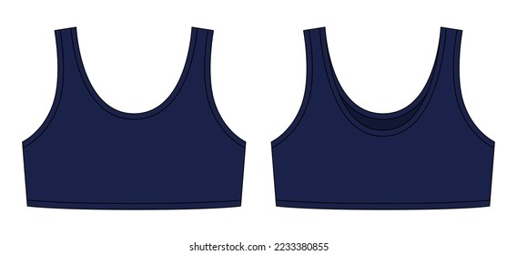 Girl bra technical sketch illustration. Dark blue color. Casual underclothing. Women's yoga underwear design template. Front and back views. Vector CAD design