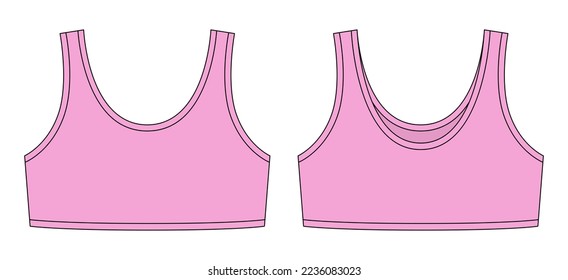 Girl bra technical sketch illustration. Pink color. Casual underclothing. Women's yoga underwear design template. Front and back views. Vector CAD design