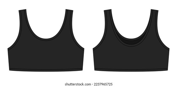 Girl bra technical sketch illustration. Black color. Casual underclothing. Women's yoga underwear design template. Front and back views. Vector CAD design