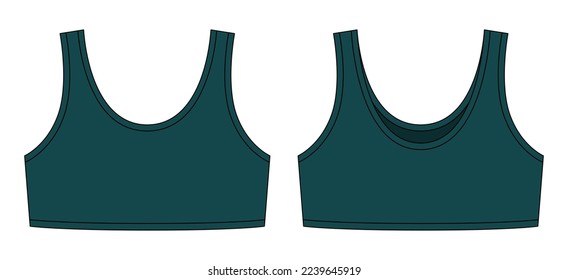 Girl bra technical sketch illustration. Dark green color. Casual underclothing. Women's yoga underwear design template. Front and back views. Vector CAD design