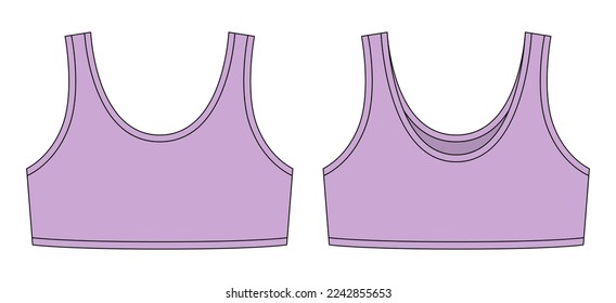 Girl bra technical sketch illustration. Pastel purple color. Casual underclothing. Women's yoga underwear design template. Front and back views. Vector CAD design