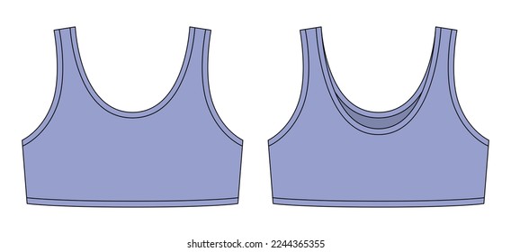 Girl bra technical sketch illustration. Cool blue color. Casual underclothing. Women's yoga underwear design template. Front and back views. Vector CAD design