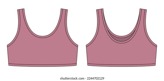 Girl bra technical sketch illustration. Pudra color. Casual underclothing. Women's yoga underwear design template. Front and back views. Vector CAD design