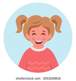 Girl with braces on teeth. Dental braces, dental care. Elementary school student. Vector illustration