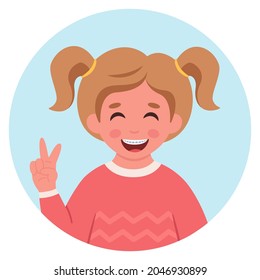 Girl with braces on teeth. Elementary school student. Vector illustration