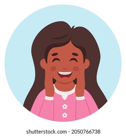 Girl with braces on teeth. Elementary school student. Vector illustration