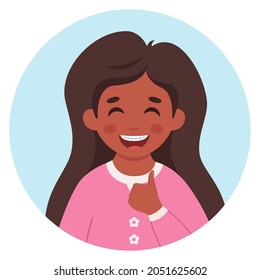 Girl with braces on teeth. Elementary school student. Little girl portrait in circular frame. Vector illustration