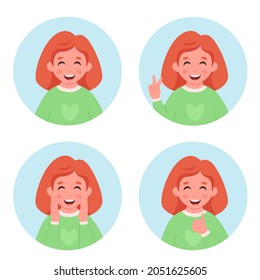 Girl with braces on teeth. Elementary school student. Little girl portrait in circular frame. Vector illustration