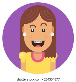 Girl with braces on teeth laughing with joy. Fully editable vector illustration of a flat style.