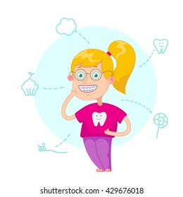 The girl with braces on a white background vector illustration.Funny cartoon character. Vector illustration.Dental children illustration.Beautiful, perfect smile, healthy teeth.