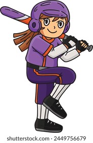 Girl Bracing Baseball Bat Cartoon Colored Clipart