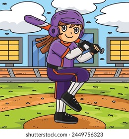 Girl Bracing Baseball Bat Colored Cartoon 