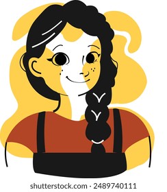 Girl with braid hair cute. Icon JPG.Potrait simple flat design. For icon, foto profile, gift card, etc.