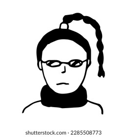 Girl with braid, trendy hairstyle for kids, wearing glasses, doodle portrait, isolated on white