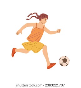Girl with braids playing soccer, runs to score a goal. Teenager soccer player playing football, kicking the ball. Cartoon children healthy sport activity vector flat isolated illustration on white